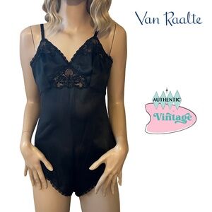 Vintage 70s Van Raalte Black Lacy Nylon Teddy Bodysuit Lingerie Undergarment